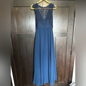 Hayley Paige Navy blue lace and chiffon bridesmaid dress.